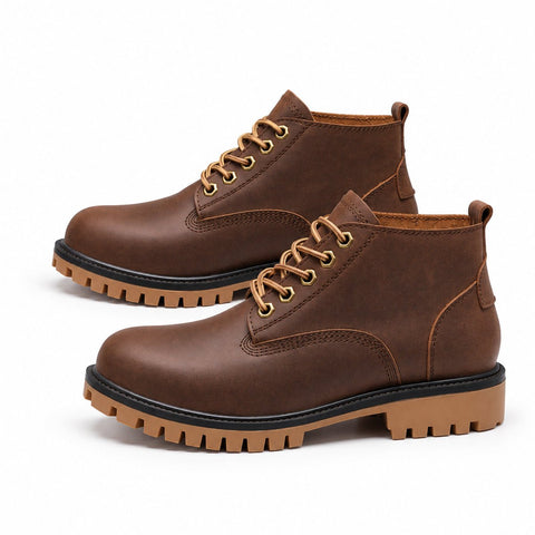 Explorer brown men's casual boots with lace up styling rugged lug soles and a discreet height boost for comfortable everyday wear