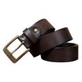 Brown leather belt with brass buckle on a white background