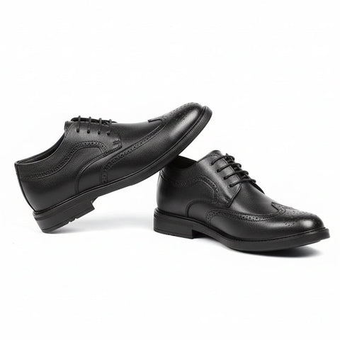 Pair of black Harrington men's dress shoes with classic brogue detailing, featuring a hidden internal lift for a discreet height boost.