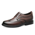 Harrington men's dress shoe in dark brown with brogue detailing, featuring discreet height boost and hidden lift for everyday comfort.