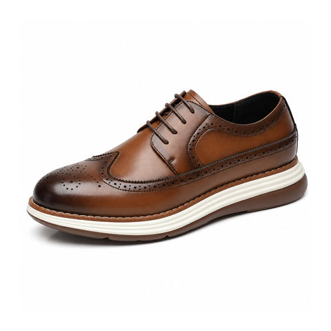 Hartford light brown leather men's dress shoe with brogue detailing and a discreet height boost for polished professional style