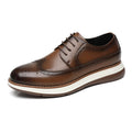 Hartford men's dress shoe in brown with brogue detailing and a white sole, featuring a hidden lift for a discreet height boost.