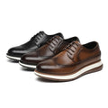 Three pairs of Hartford men's wingtip dress shoes in black, dark brown, and tan, each with a hidden lift for a discreet height boost.
