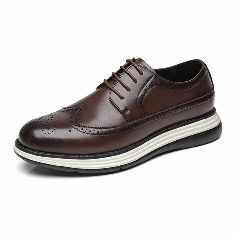 Hartford men's brown wingtip dress shoe with brogue detailing, featuring a discreet height boost and hidden internal lift for everyday comfort.