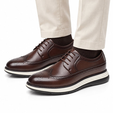 Hartford dark brown leather dress shoes with brogue detailing, lace up design and a discreet height boost