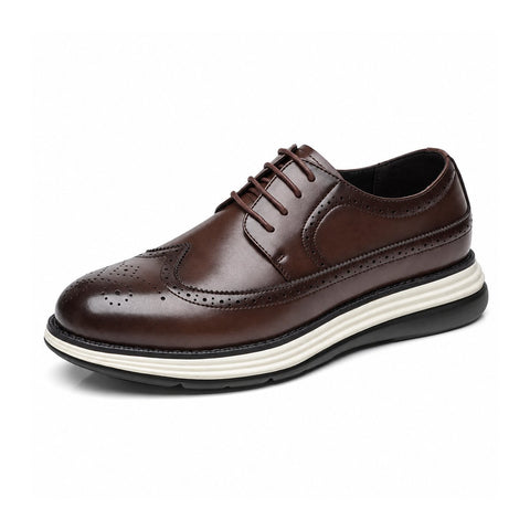 Hartford dark brown leather wingtip dress shoe with lace up design, layered sole and a discreet height boost