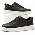 Hawthorn black men's casual shoes with sleek leather styling black laces and thick white soles for a discreet height boost and comfortable everyday wear