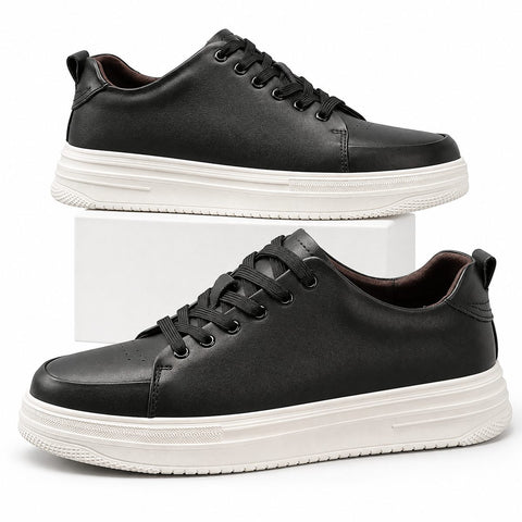 Hawthorn black men's casual shoes with sleek leather styling black laces and thick white soles for a discreet height boost and comfortable everyday wear