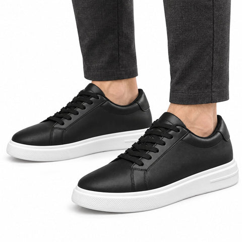 Heritage black mens casual sneakers with white platform soles and a discreet height boost for a sleek everyday look
