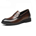 Kensington men's dress shoe in polished brown and black tones, featuring a hidden internal lift for a discreet height boost.