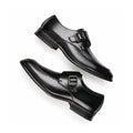 Lennox black mens dress shoes with buckle detail and a discreet height boost. Sleek leather style for formal occasions and confident everyday wear