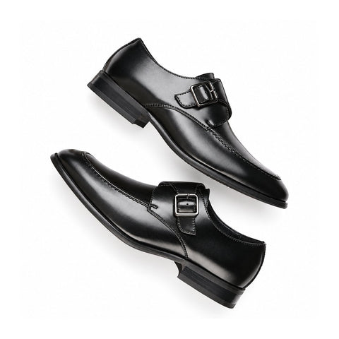 Lennox black mens dress shoes with buckle detail and a discreet height boost. Sleek leather style for formal occasions and confident everyday wear