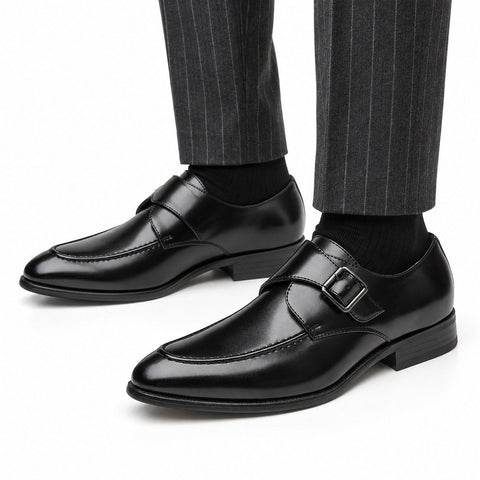 Lennox black men's dress shoes with polished leather finish and buckle straps styled with pinstripe trousers for a refined elevated look and discreet height boost