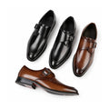 Lennox mens dress shoes in polished black and brown leather with elegant buckle details and a discreet height boost for refined everyday style