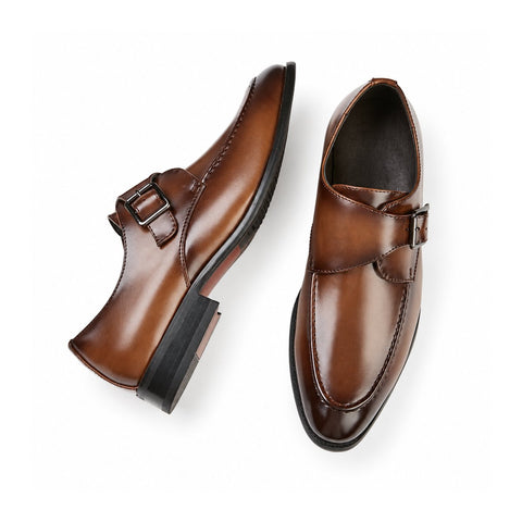 Lennox brown leather monk strap dress shoes with a polished finish and discreet height boost for a refined professional look