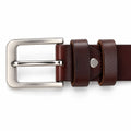 The Modern Belt in dark brown leather with a brushed silver buckle and adjustable strap shown against a white background.