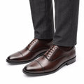 Monarch dark brown leather men's dress shoes with cap toes and lace up styling, featuring a discreet height boost for polished formal wear
