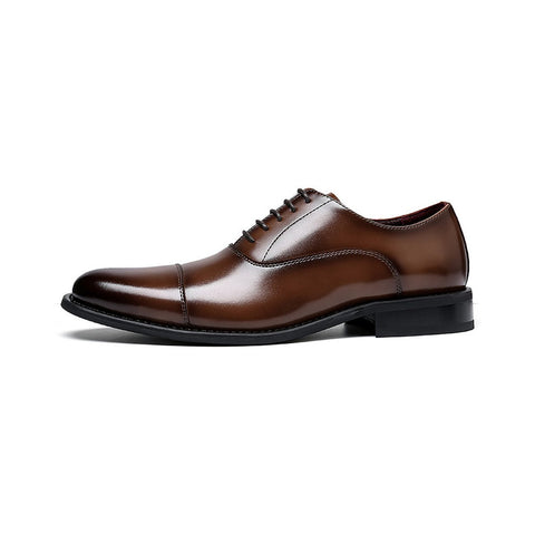 Monarch light brown leather men's dress shoe with polished finish, sleek cap toe design and a discreet height boost