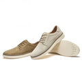 Pair of Navigator men's casual shoes in beige and light brown, featuring a hidden internal lift for a discreet height boost.