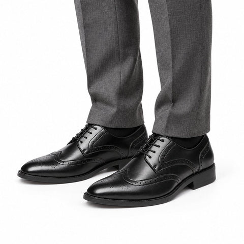 Prestige black leather men's dress shoes with brogue detailing and a discreet height boost for polished formal style
