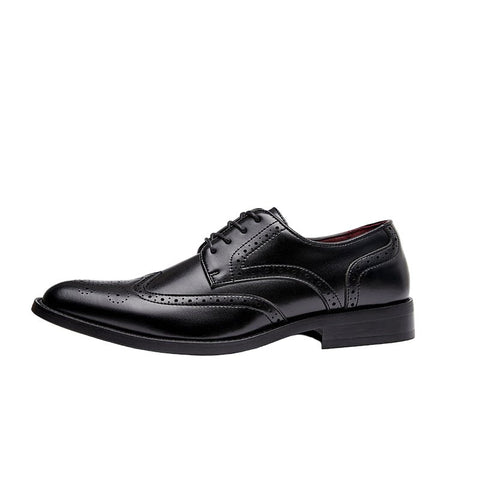 Prestige black men's dress shoe with brogue detailing, featuring a discreet height boost and hidden internal lift for everyday comfort and elegant style.