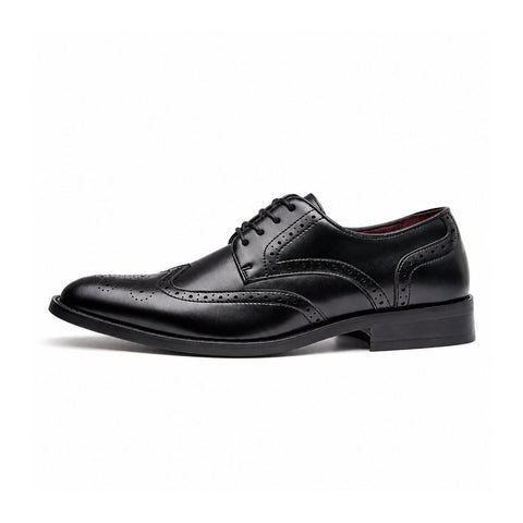 Prestige black leather men's dress shoe with brogue detailing and discreet height boost for polished professional style
