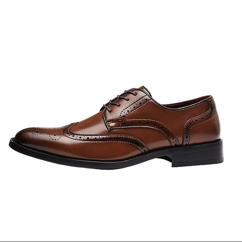 Prestige brown men's dress shoe with classic brogue detailing, featuring a discreet height boost and hidden internal lift for everyday comfort.