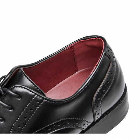 Prestige black leather mens dress shoe with brogue detailing burgundy lining lace up design and discreet height boost for polished style