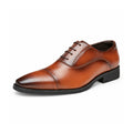 Regal brown leather men's dress shoe with a sleek cap toe lace up design and discreet height boost for polished professional style