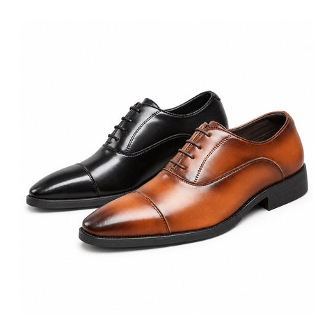 Regal men's cap toe elevator dress shoes in black and brown leather with lace up styling and a discreet height boost