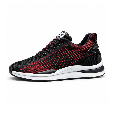 Retro33 black and red mens sneaker with textured knit upper cushioned sole and discreet height boost for comfortable everyday wear