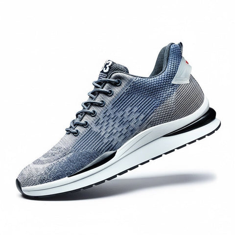 Retro33 men's sneaker in blue and gray knit fabric with black laces, featuring a discreet height boost and hidden internal lift for everyday comfort.