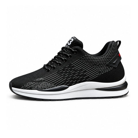 Retro33 black men’s sneaker with breathable knit upper laced design cushioned white sole and discreet height boost for comfortable everyday wear