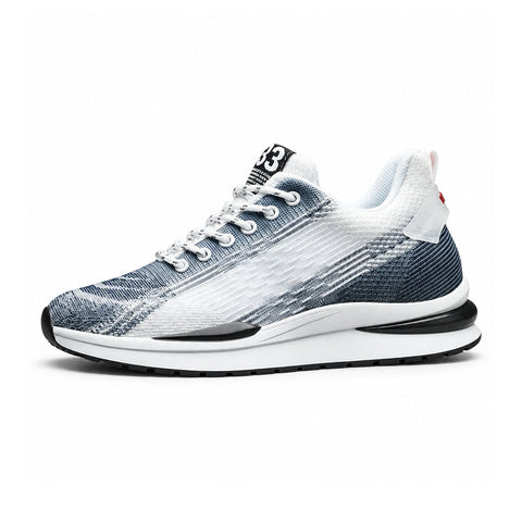 Retro33 white and navy performance sneaker with textured knit upper lace closure cushioned sole and discreet height boost