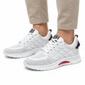 Rise33 white mens sneakers with breathable knit uppers and cushioned soles offering a discreet height boost for comfortable everyday wear