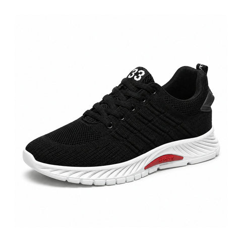 Rise33 black men's sneaker with breathable knit upper white cushioned sole and discreet height boost for comfortable everyday wear