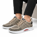 Rise33 men's performance sneakers in beige knit with beige laces and white cushioned soles offering a discreet height boost