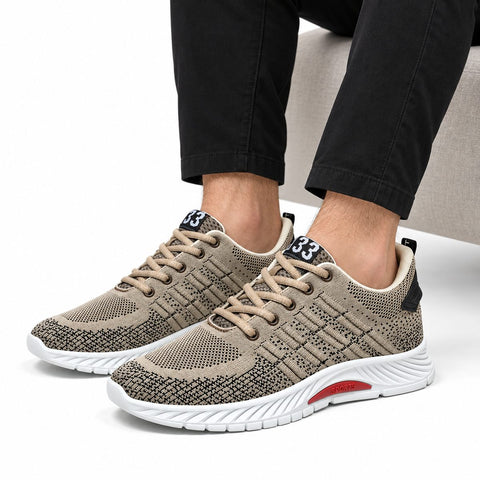 Rise33 men's performance sneakers in beige knit with beige laces and white cushioned soles offering a discreet height boost