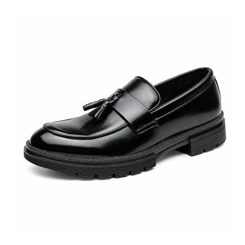 Sterling black mens dress loafer with tassel detailing and discreet height boost an elegant elevator shoe for formal style