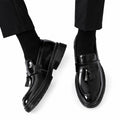 Sterling black mens dress loafers with polished leather finish tassel details and a discreet height boost for refined formal style