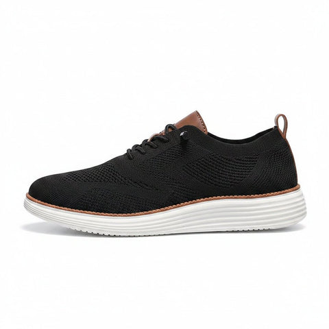 Strider black casual elevated shoe with knit upper brown trim and white sole for a discreet height boost and comfortable everyday style