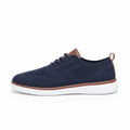 Strider blue men's casual shoe with breathable knit upper, brown accents, white sole and a discreet height boost
