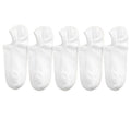 Five pairs of white no-show socks arranged in a row.