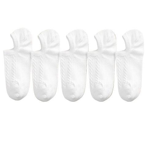 Five pairs of white no-show socks arranged in a row.