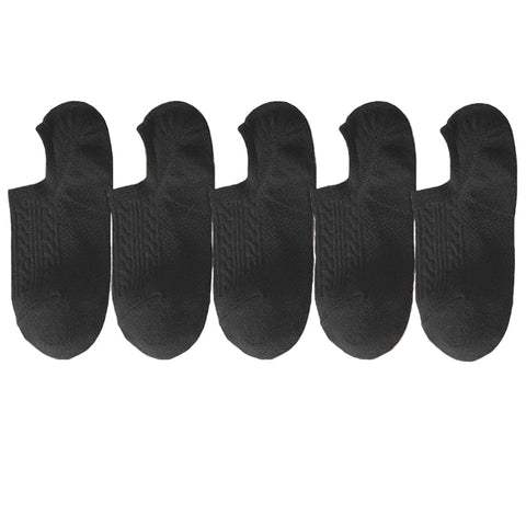 Five pairs of black low-cut socks displayed side by side, showcasing the design and texture of The Comfort Sock for everyday comfort and discreet wear.