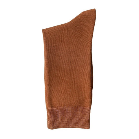 A single brown dress sock displayed flat, showing the knit texture and cuff.