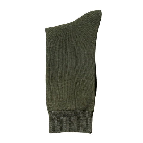 Close-up of a single olive green dress sock, shown flat.