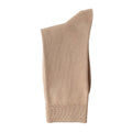A single beige dress sock folded neatly against a white background.