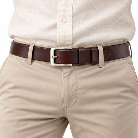 The Modern Belt in rich brown leather with a polished silver buckle worn with beige trousers and a light button down shirt for refined everyday style