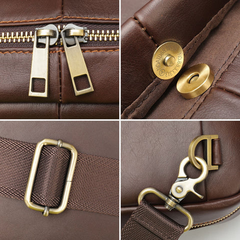 Close-up details of The Modern Briefcase showing metal zippers, a snap button, an adjustable strap buckle, and a swivel clasp on brown material.